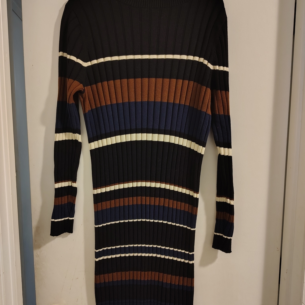 Eloquii Black and Brown Striped Long Sleeve Dress